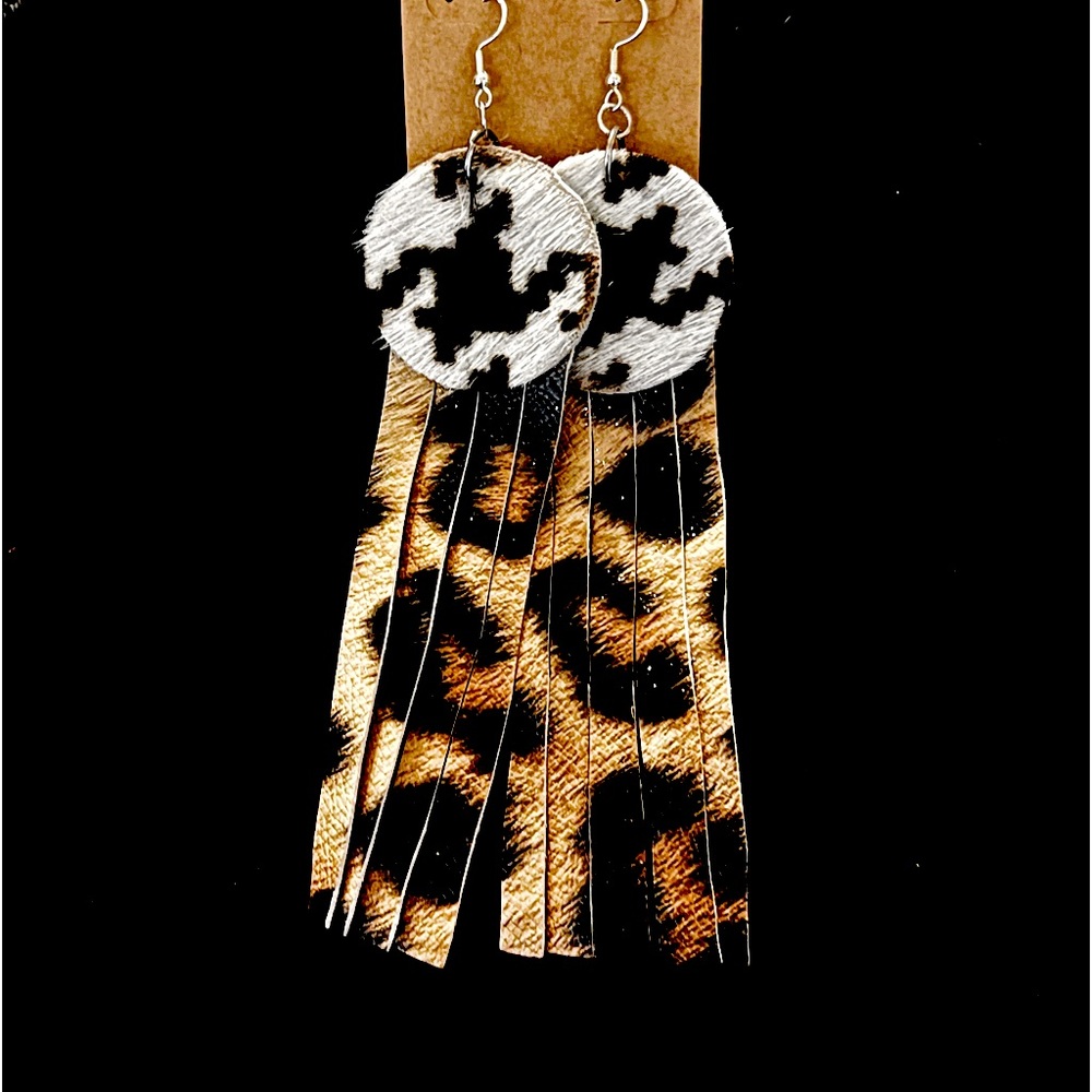 Hounds tooth and leopard leather earrings